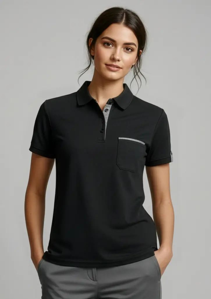 Biz Collection Edge Womens Short Sleeve Polo in Black/Check