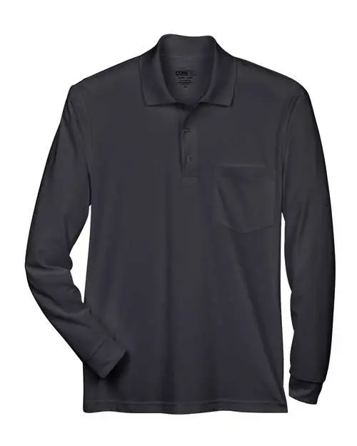 Core365 Men's Pinnacle Performance Long Sleeve Piqué Polo with Pocket in Black