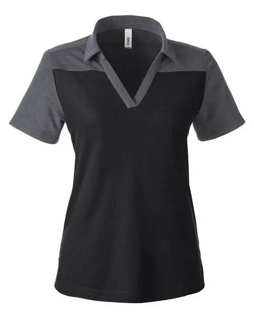 Core365 Women's Fusion ChromaSoft Colorblock Polo in Black/ Carbon Heather