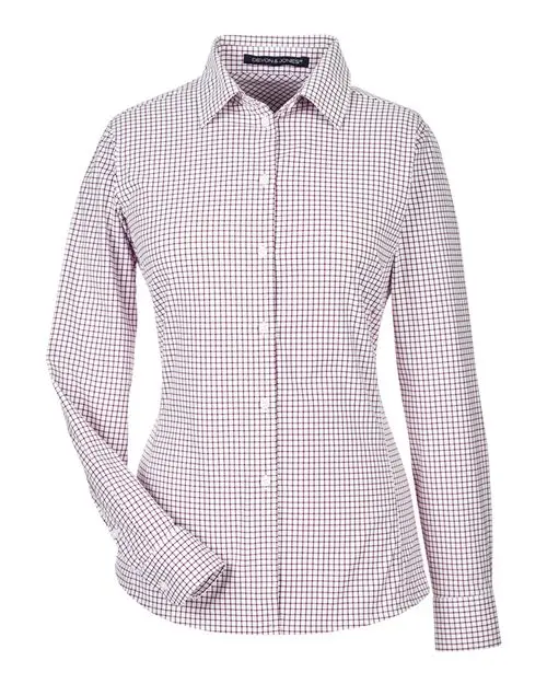 Devon & Jones Women's CrownLux Performance Micro Windowpane Woven Dress Shirt in Burgundy/ White
