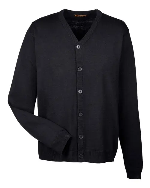 Harriton Men's Pilbloc V-Neck Button Cardigan Sweater in Black
