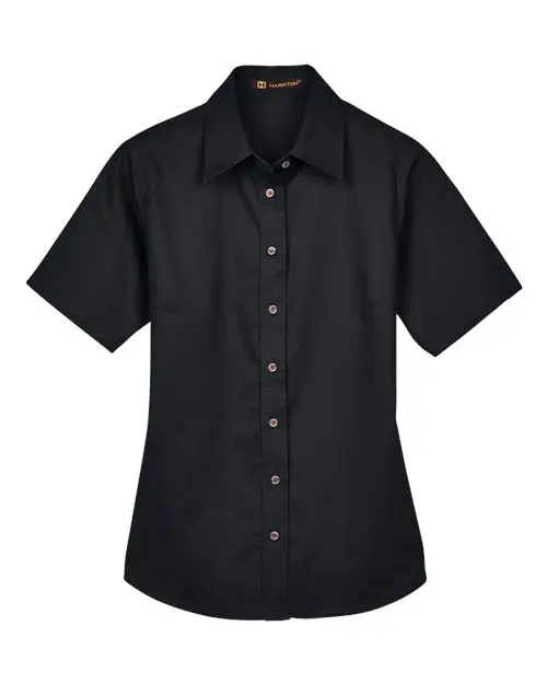 Harriton Women's Easy Blend Short Sleeve Twill Dress Shirt with Stain-Release in Black