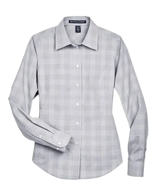 Devon & Jones Women's Crown Collection Glen Plaid Woven Dress Shirt in White/ Graphite/ Light Grey