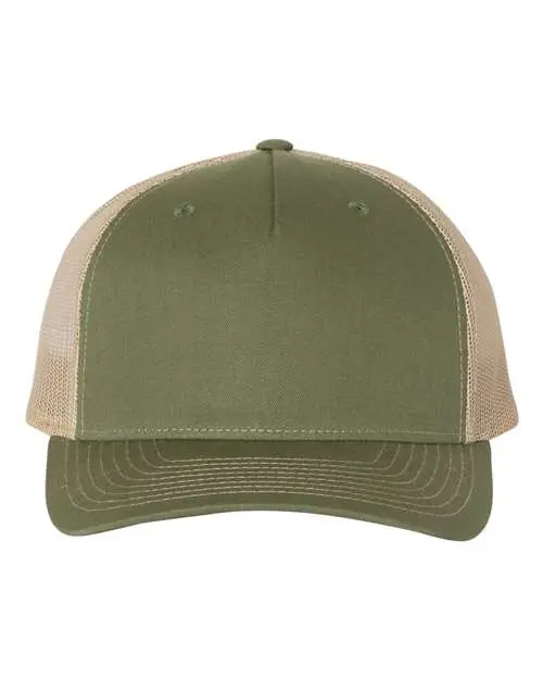Richardson Five-Panel Trucker Cap in Army Olive Green/ Tan