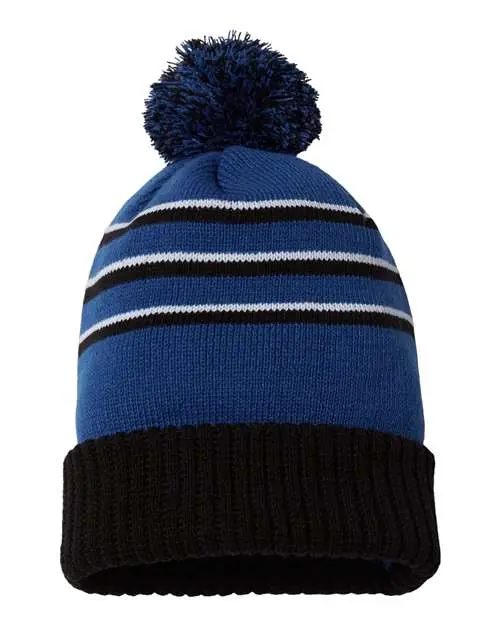 Richardson Pom Cuffed Beanie in Royal/ Black/ White
