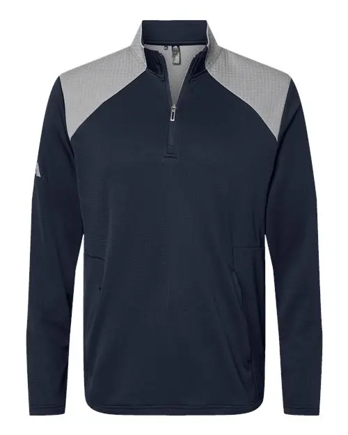 Adidas Men's Textured Mixed Media Quarter-Zip Pullover in Collegiate Navy/ Grey Three