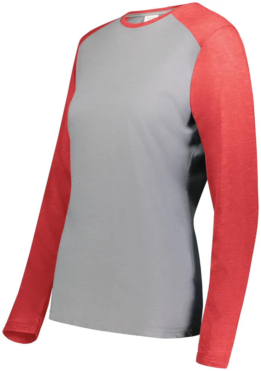 Augusta Ladies Gameday Vintage Long Sleeve Tee in Grey Heather/Scarlet Heather