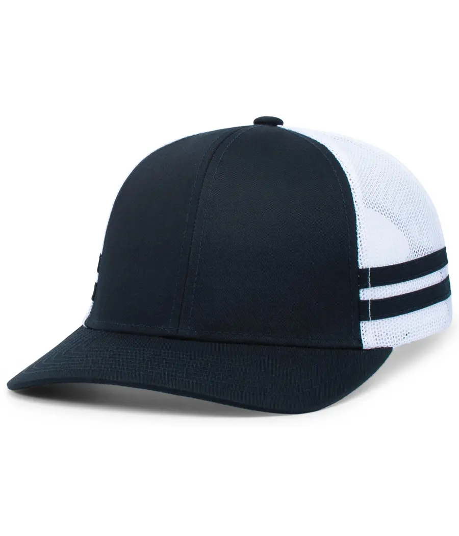 Pacific Headwear Low-Profile Stripe Trucker Cap in Navy/White/Navy