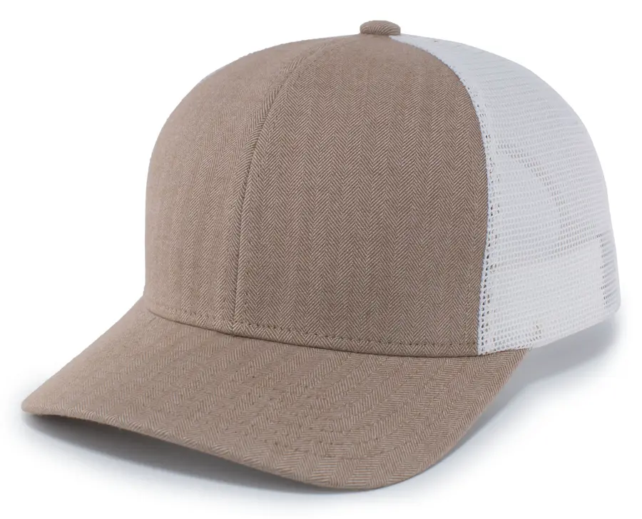 Pacific Headwear Herringbone Trucker Cap in Khaki/White/Khaki