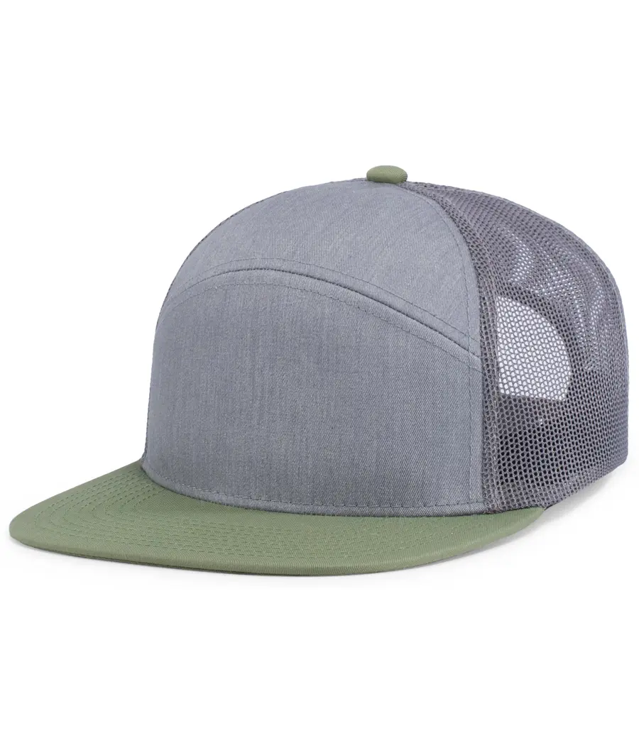 Pacific Headwear 6-Panel Arch Trucker Snapback Cap in Heather Grey/Loden